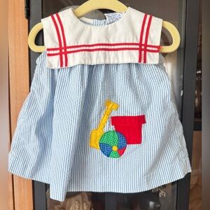 Seersucker beach dress sailor ball appliqué embroidered baby girl striped collar